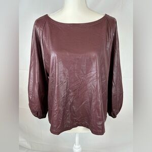 LOFT Faux Leather Draped Top Womens Size Medium Burgundy Puff Sleeves
